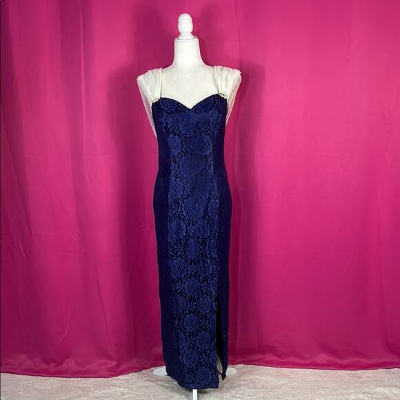 Vintage 80s 90s unbranded chiffon bow lace cocktail party sheath maxi dress M - Picture 1 of 9
